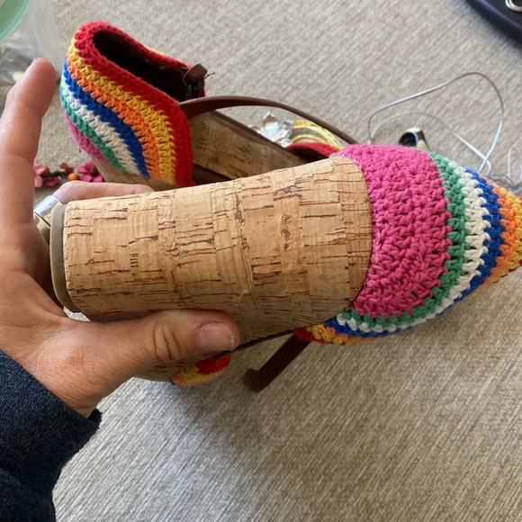 MIA Rainbow Crochet Wedge Sandals Platform Cork Heel Ankle Strap Pride B… - Picture 9 of 10